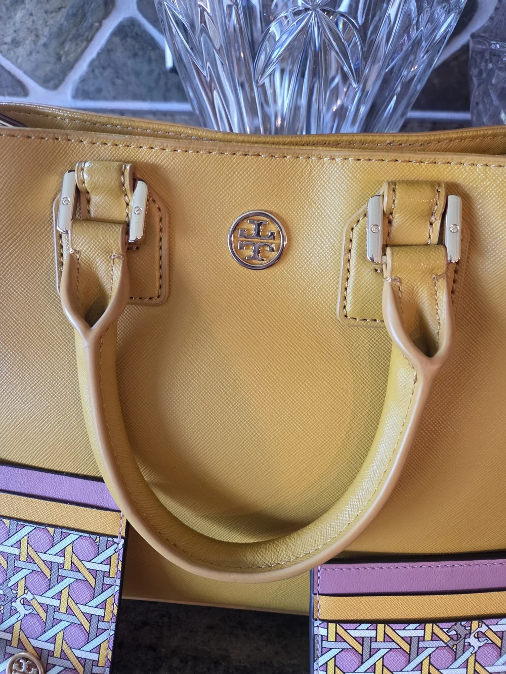 Tory Burch Yellow Leather Satchel with Two Cardholders